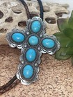 Large Cross  Turquoise Silver Lariat Bolo Tie Western Cowgirl Cowboy Southwest