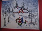 1950s Vintage Greeting Card Christmas Family Approaching House In Snow