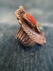 Vintage Navajo Sterling Silver Repousse Coral Turquoise Double Stone Ring Sz 11