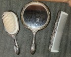 Vintage Silver Plated 3 Piece Vanity Set Ornate Floral Hand Mirror Brush Comb