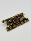 Antique Brass Amethyst Glass Sash Pin Art Nouveau C Clasp Flowers Vines Leaves
