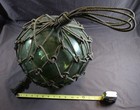 Vintage Large Japanese Hand Blown Green Glass Fishing Float Buoy Ball W net 12 