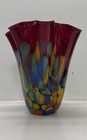 Art Glass Ruffled Vase Red Multi-color Mosaic Pattern 12 Inch Vintage Large