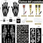 Temporary Tattoo Kit Waterproof Long Lasting 4 Cones 34 Stencils Floral