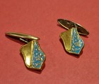 Pair Vintage Mid-century Gold Plate   Blue Enamel Men s Cufflinks Shield Design