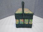 Vtg  Green Wicker And Fabric Sewing Basket With Handle And Notions
