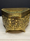 Vintage Beveled Glass Casket Jewelry Trinket Box Ormolu Filigree Footed Brass