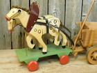 Antique Vtg Primitive Folk Art Platform Wooden Farm Horses   Hay Wagon Pull Toy