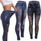 High Waist Womens Ripped Faux Denim Jean Leggings  Slim Stretch Jegging