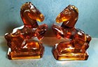 Vintage L e  Smith Glass Rearing Horse Bookends - Amber 8  Tall
