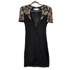 Sweelo Midi Dress Vintage Size M Black Gold Beaded Sequin Silk Glam Cocktail 80s