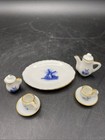 Vtg Delft Miniature Porcelain Tea Set Blue White Windmill Gold Trim 9 Pieces