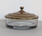 Vintage Glass Powder Jar W  Brass Metal Lid Vanity Repousse Design Trinket Dish