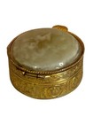 Vintage Pale Cream Stone Cabochon Pill Box 1 25  Ornate Gold Tone Home Decor