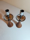 Pair Vtg Danish Modern Style Candlestick Holders Wood   Chrome 9    Mcm