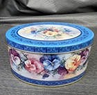 Vtg 90 s Carolyn Shores Wright Tin Oval Blue Pansy Flowers 5 5  Cottage Core