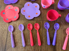 Toy Tea Party Set Plastic Plates Dishes Spoons Teacups Play Kettle Flowers Lot