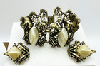 Vtg Ornate Molded Pearlescent Lucite Rhinestones Panel Link Bracelet   Earrings