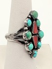 Old Vintage Navajo Or Pueblo Handmade Turquoise Coral Cluster Ring Sz 8