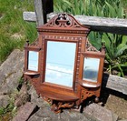 Antique Victorian Mahogany Wall Mirror Shelf W Beveled Mirrors And Fretwork 1890