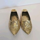 Set Of 2 Vintage India Etched Brass Miniature Slipper Genie Shoe Ashtray Incense