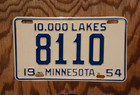 1954 Minnesota License Plate Low Digit   8110 - Nice Quality
