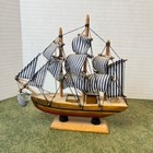 Vintage Wooden Model Sailboat Blue White Striped Sails Nautical Decor