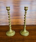 19th Century Pair Of Antique English Brass Barley Twist Candlesticks 8-1 2  High