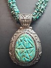 Big Native American Signed Dt Sterling Silver Turquoise Beaded Necklace Heavy 
