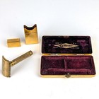 Vintage Gillette Gold Safety Razor Set Floral Embossed Case Purple Velvet Lining