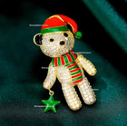 Bear Christmas Hat Scarf Crystal Rhinestone Brooch Pin With Gold Bag - Video