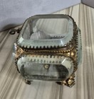 Antique French Beveled Glass Jewelry Casket Brass Box Footed Vintage