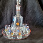 Vintage Glass Decanter   6 Shot Glass Set With Colorful Dots   Red Trim