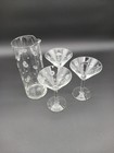 Vintage Set Of 3 Martini Glasses W  Matching Pitcher 3-d Etched Olives Gorgeous 