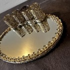 Vintage Gold Tone Metal Filigree Mirrored Vanity Tray Lipstick Brush Holder