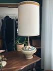 Vtg Mid Century Danish Modern Atomic Teak Table Lamp W original Lamp Shade