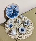 Vintage Delft Style Miniature Tea Set Blue White Porcelain Dutch Windmill  Set 8