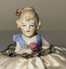 Vintage Antique Porcelain Half Doll Pin Cushion Little Victorian Girl W flower