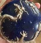 Antique Or Vintage Chinese Blue Ceramic  Gilt Silver  Trinket Box Dragon