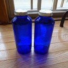 2 Vintage Giant Size 7 25  Bromo Seltzer Cobalt Blue Bottles W orig Caps Lids