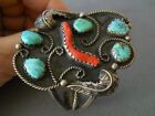 Old Wide Native American Turquoise Cluster branch Coral Sterling Silver Bracelet