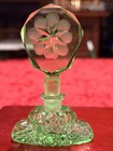 Vintage Czech Art Deco Uranium Glass Perfume Bottle Intaglio Flower Stopper Uv