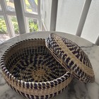 Handmade Small Round Wicker Storage Basket W  Lid  Beige   Blue Geometric