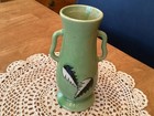 Vintage Art Deco Green White Black Ceramic Handled Vase