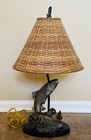 Vtg Lodge Bronze Lake Trout Fish Table Lamp Wicker Shade 25   