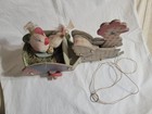Vntg Cardboard wood Chicken W cotton Spun Chicks Pull Toy Japan 8  Ht 11 