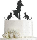 Wedding Cake Topper - Bride Hold Groom With Flowers Besides Two Pet Cats Silh   