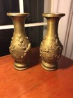 Pr Signed Antique Japanese Bronze brass Vases Leaves   Birds In High Relief