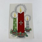 Vintage Mid Century Christmas Greeting Card Flocked Red Candles Gray Stripes
