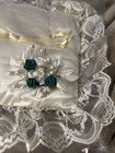 Vintage Ring Bearer Pillow Green white Floral Lace Trimmed Rectangular Shaped